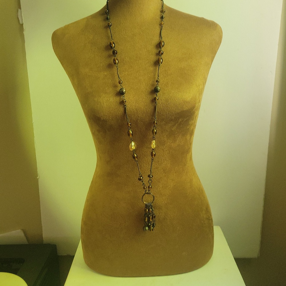 Bronze Tone Long Glass Bead Tassel Necklace 36 Inch Whimsigothic